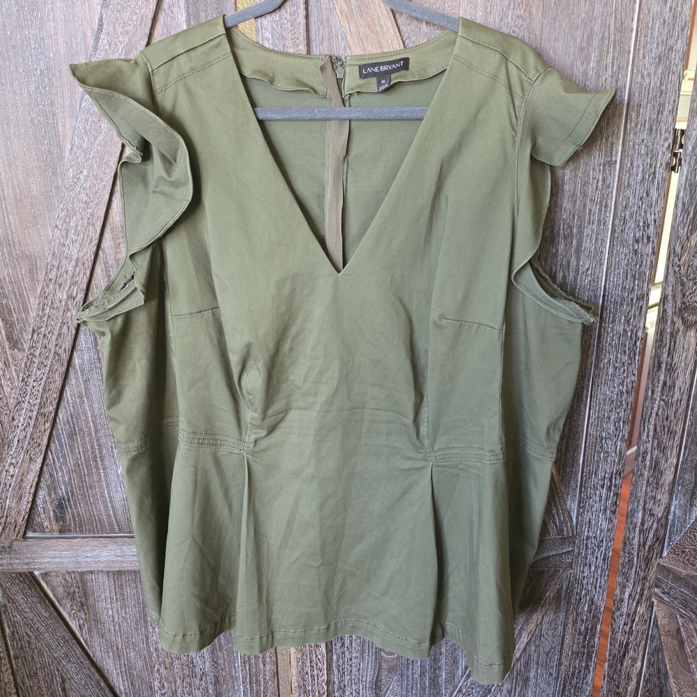 Lane Bryant Shirt Women's Size 26 Olive‎ Green Fitted Ruffle Sleeve V-Neck Plus